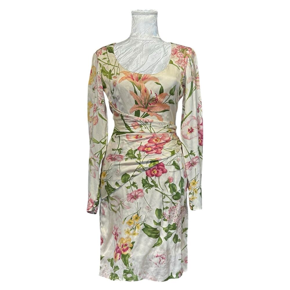 Bill Blass Vintage 80s Silk Floral Sheath Dress Ruched Waist Long Sleeve XS - Picture 2 of 13